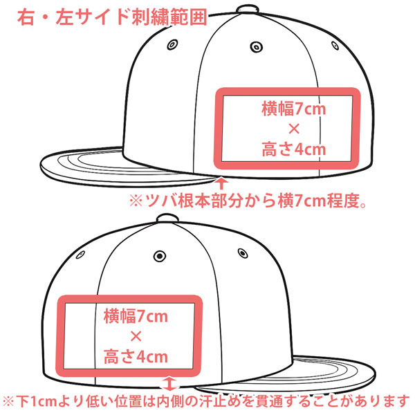 フラットバイザー、６パネル、サイドの刺繍範囲